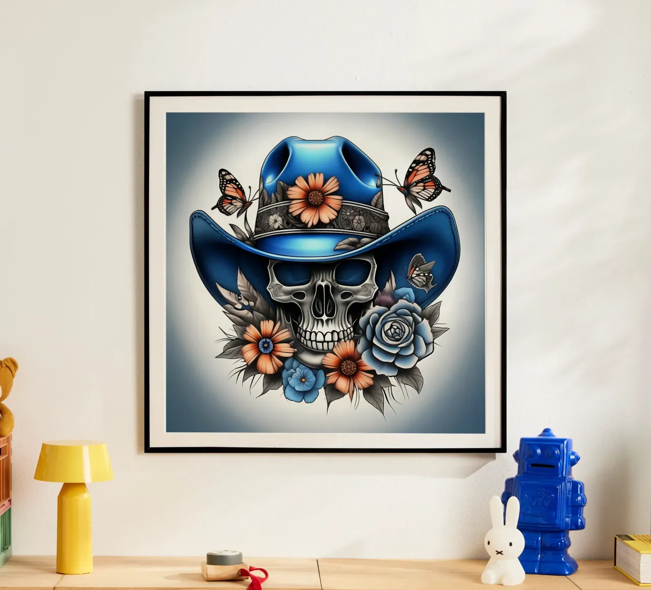 Cappello da cowboy blu con teschio, fiori e farfalle poster con telaio in plastica da Farb- und Blütenzauber by LK