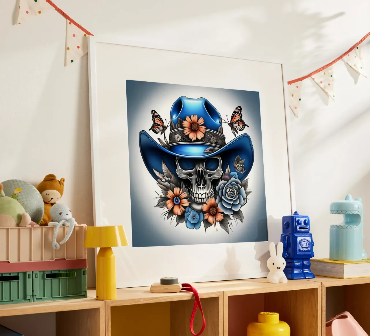 Cappello da cowboy blu con teschio, fiori e farfalle poster con telaio in plastica da Farb- und Blütenzauber by LK