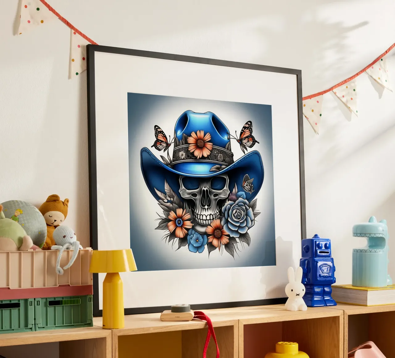 Cappello da cowboy blu con teschio, fiori e farfalle poster con telaio in plastica da Farb- und Blütenzauber by LK