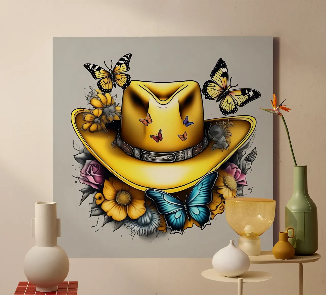 Cappello da cowboy giallo con fiori e farfalle tela con Cornice a cassetta da Farb- und Blütenzauber by LK