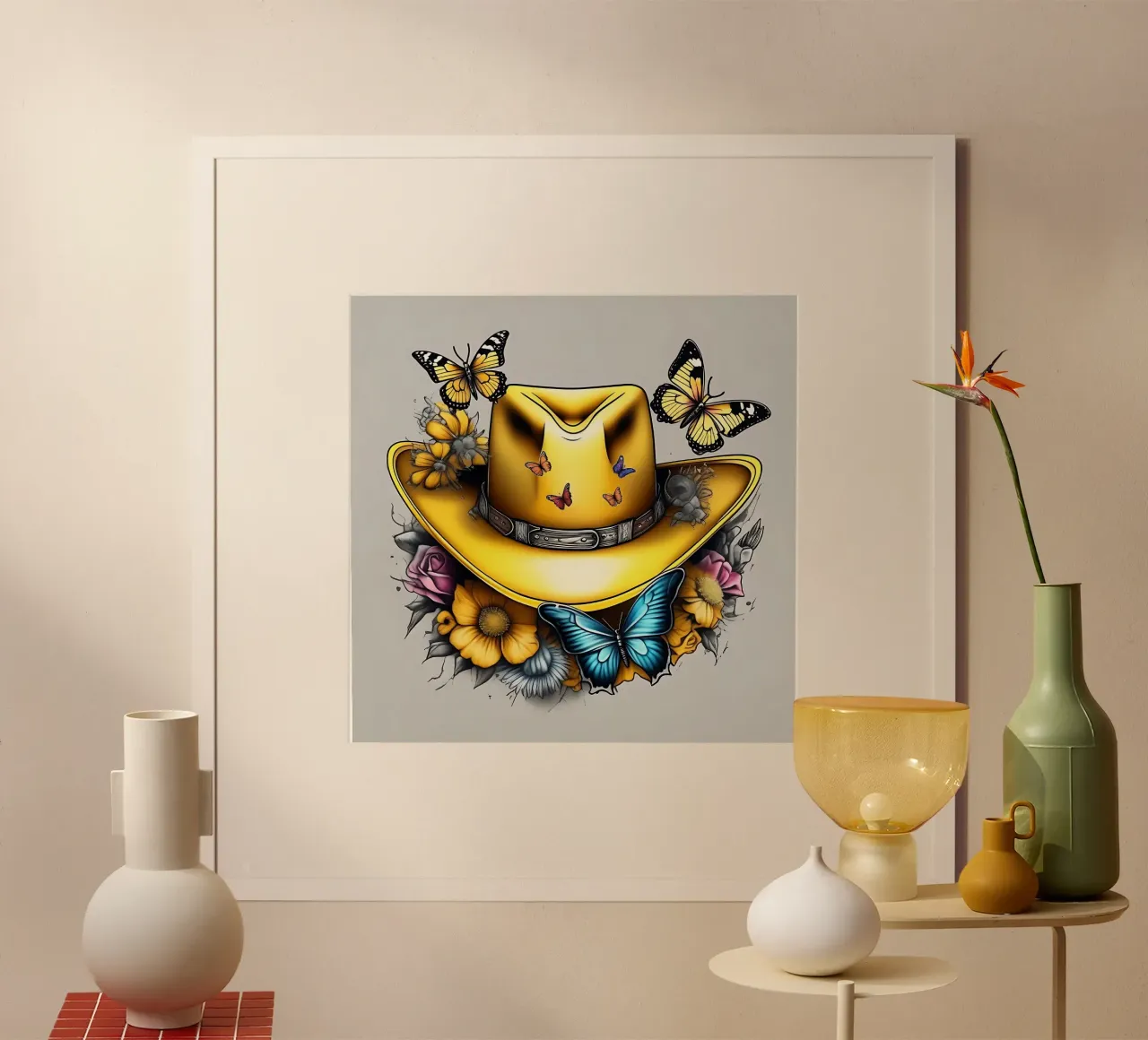 Cappello da cowboy giallo con fiori e farfalle poster da Farb- und Blütenzauber by LK