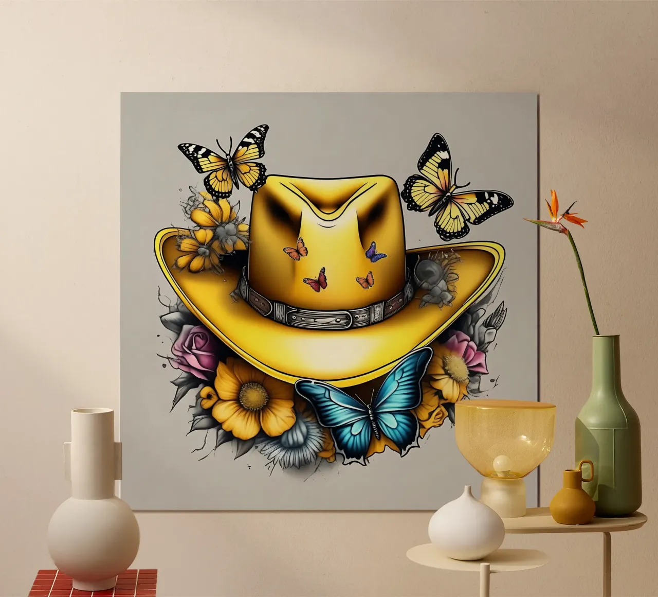 Cappello da cowboy giallo con fiori e farfalle poster da Farb- und Blütenzauber by LK