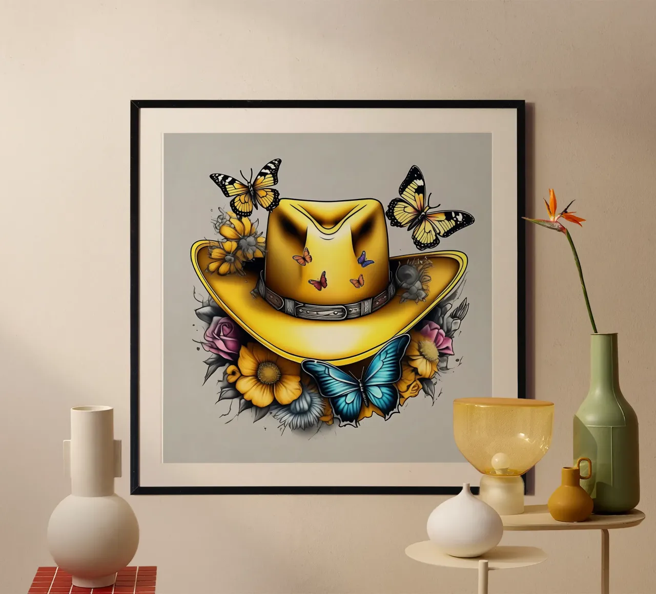 Cappello da cowboy giallo con fiori e farfalle poster da Farb- und Blütenzauber by LK