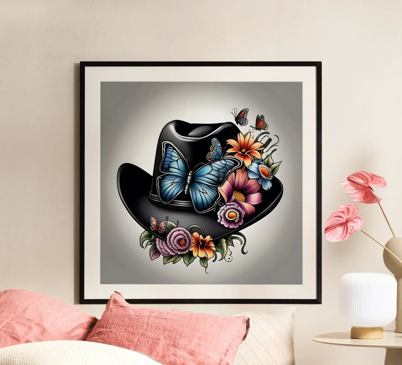 Cappello da cowboy nero con fiori e farfalle poster da Farb- und Blütenzauber by LK