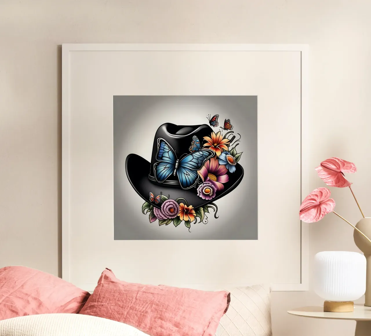 Cappello da cowboy nero con fiori e farfalle poster da Farb- und Blütenzauber by LK