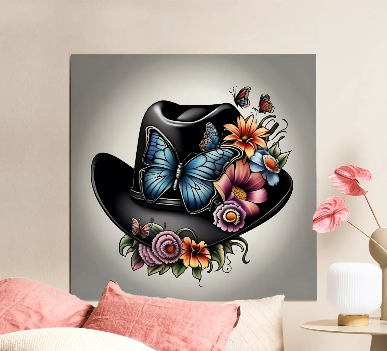 Cappello da cowboy nero con fiori e farfalle poster da Farb- und Blütenzauber by LK