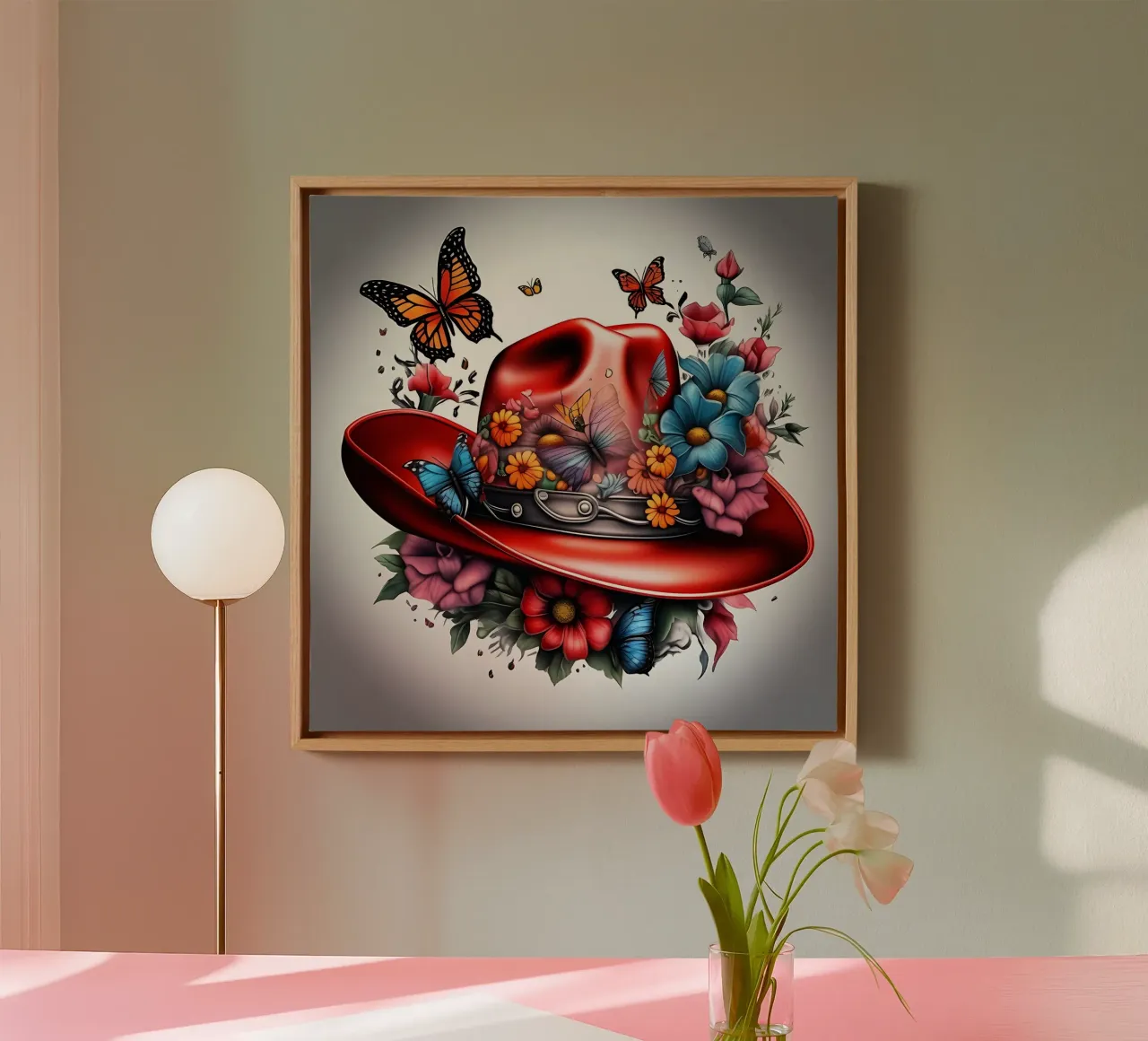 Cappello da cowboy rosso con fiori e farfalle tela con Cornice a cassetta da Farb- und Blütenzauber by LK