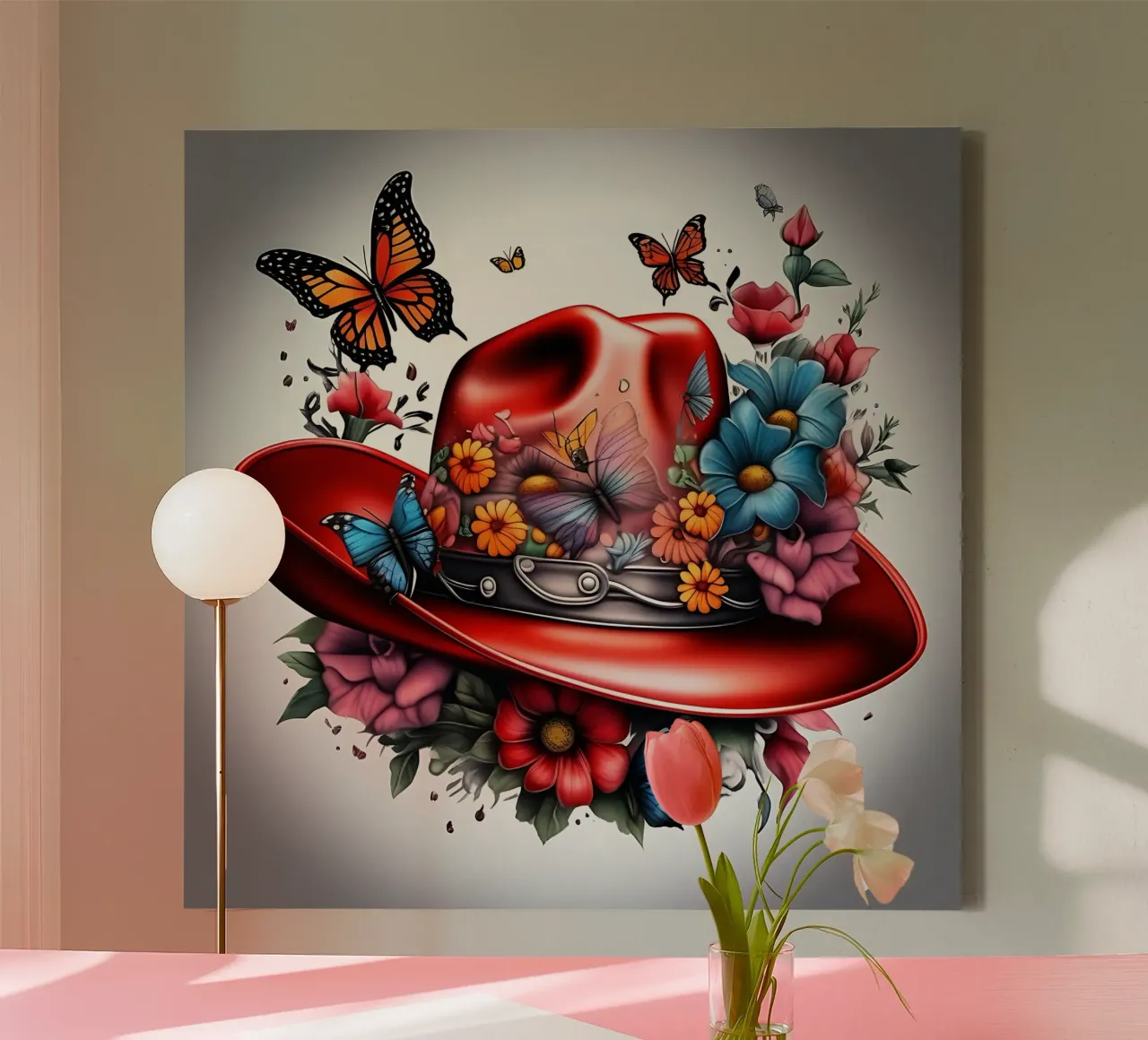 Cappello da cowboy rosso con fiori e farfalle tela con Cornice a cassetta da Farb- und Blütenzauber by LK