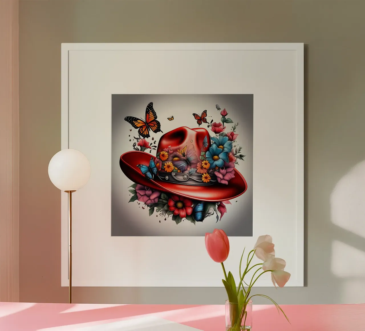 Cappello da cowboy rosso con fiori e farfalle poster con telaio in alluminio da Farb- und Blütenzauber by LK