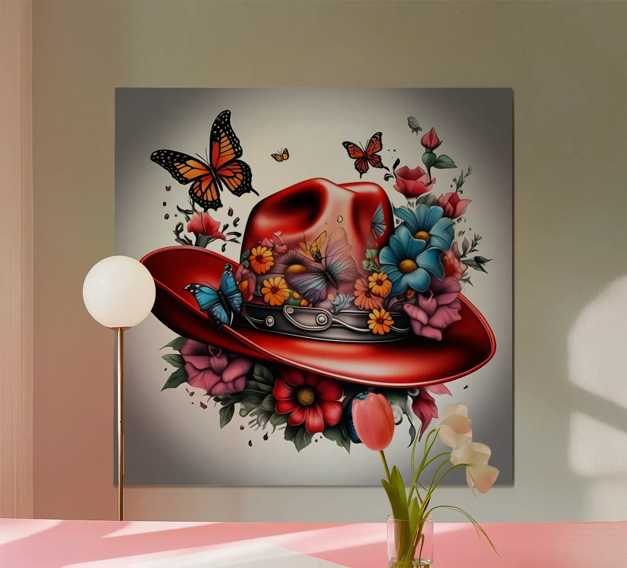Cappello da cowboy rosso con fiori e farfalle poster con telaio in alluminio da Farb- und Blütenzauber by LK