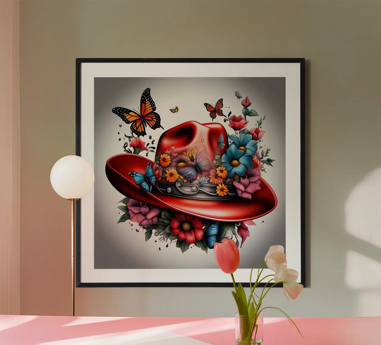 Cappello da cowboy rosso con fiori e farfalle poster con telaio in alluminio da Farb- und Blütenzauber by LK