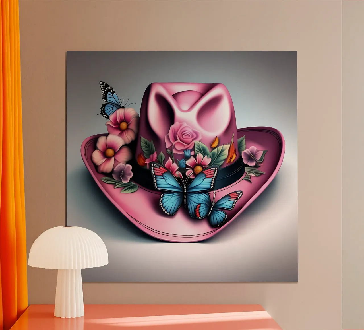 Cappello da cowboy rosa con fiori e farfalle poster con telaio in legno da Farb- und Blütenzauber by LK