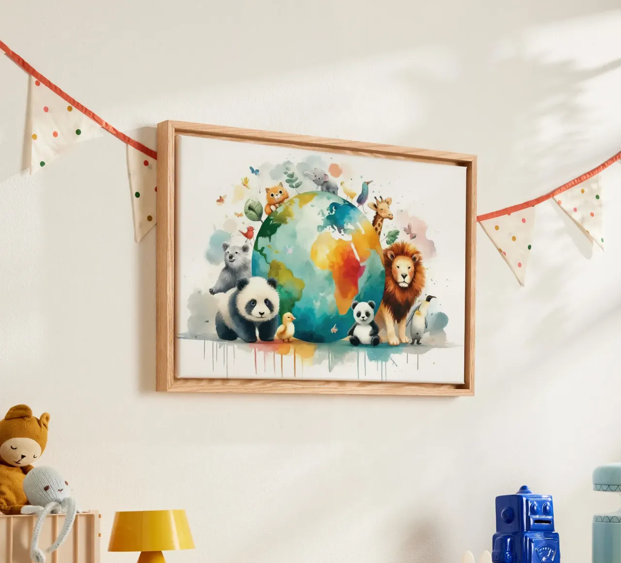 Global Harmony with Playful Animals canvas with Floater frame by Chromatic Fusion Studio