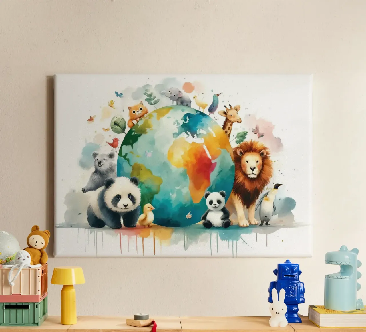 Global Harmony with Playful Animals canvas with Floater frame by Chromatic Fusion Studio