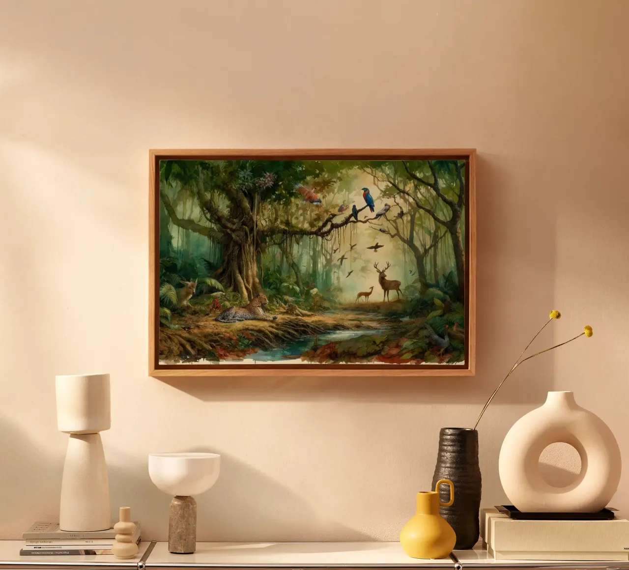 Harmonie unter Dschungelbewohnern Leinwand mit Schattenfugenrahmen von Chromatic Fusion Studio
