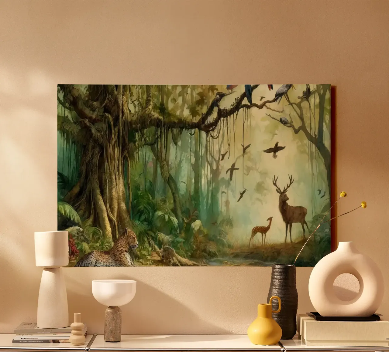 Harmonie unter Dschungelbewohnern Leinwand mit Schattenfugenrahmen von Chromatic Fusion Studio