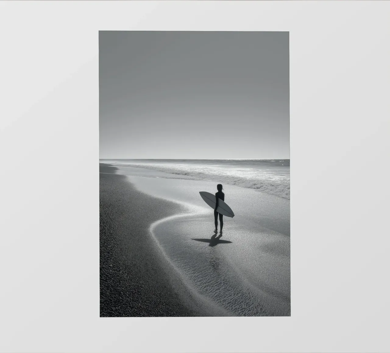 Surfista in bianco e nero sulla spiaggia telo in pvc da Indigo Tides Art