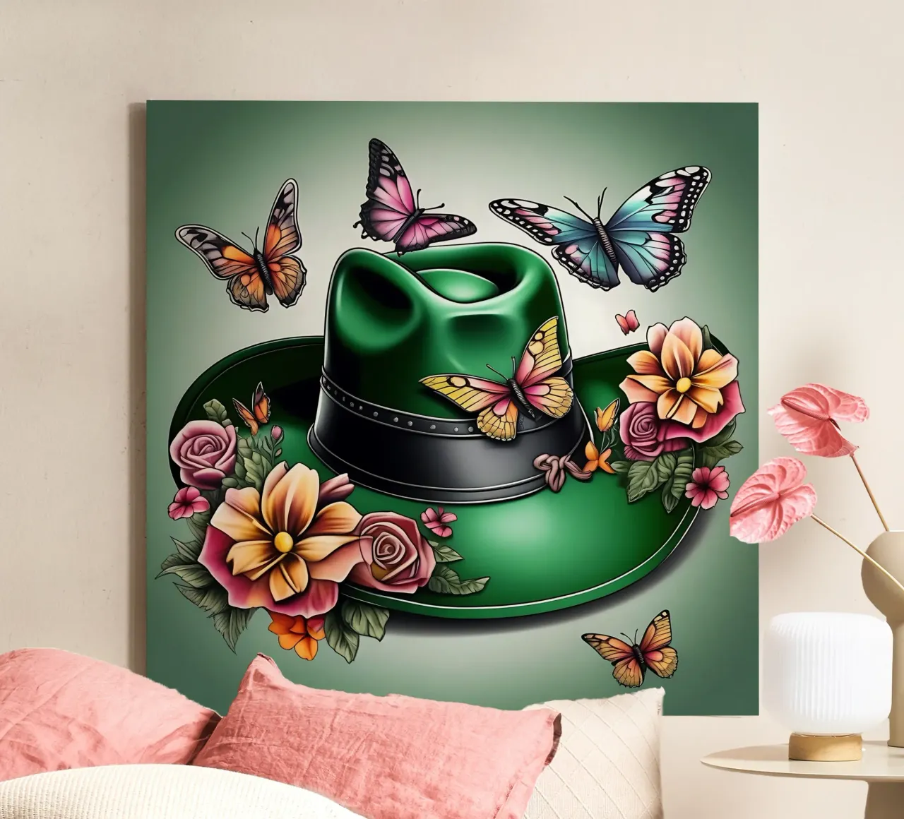 Cappello da cowboy verde, con fiori e farfalle tela con Cornice a cassetta da Farb- und Blütenzauber by LK