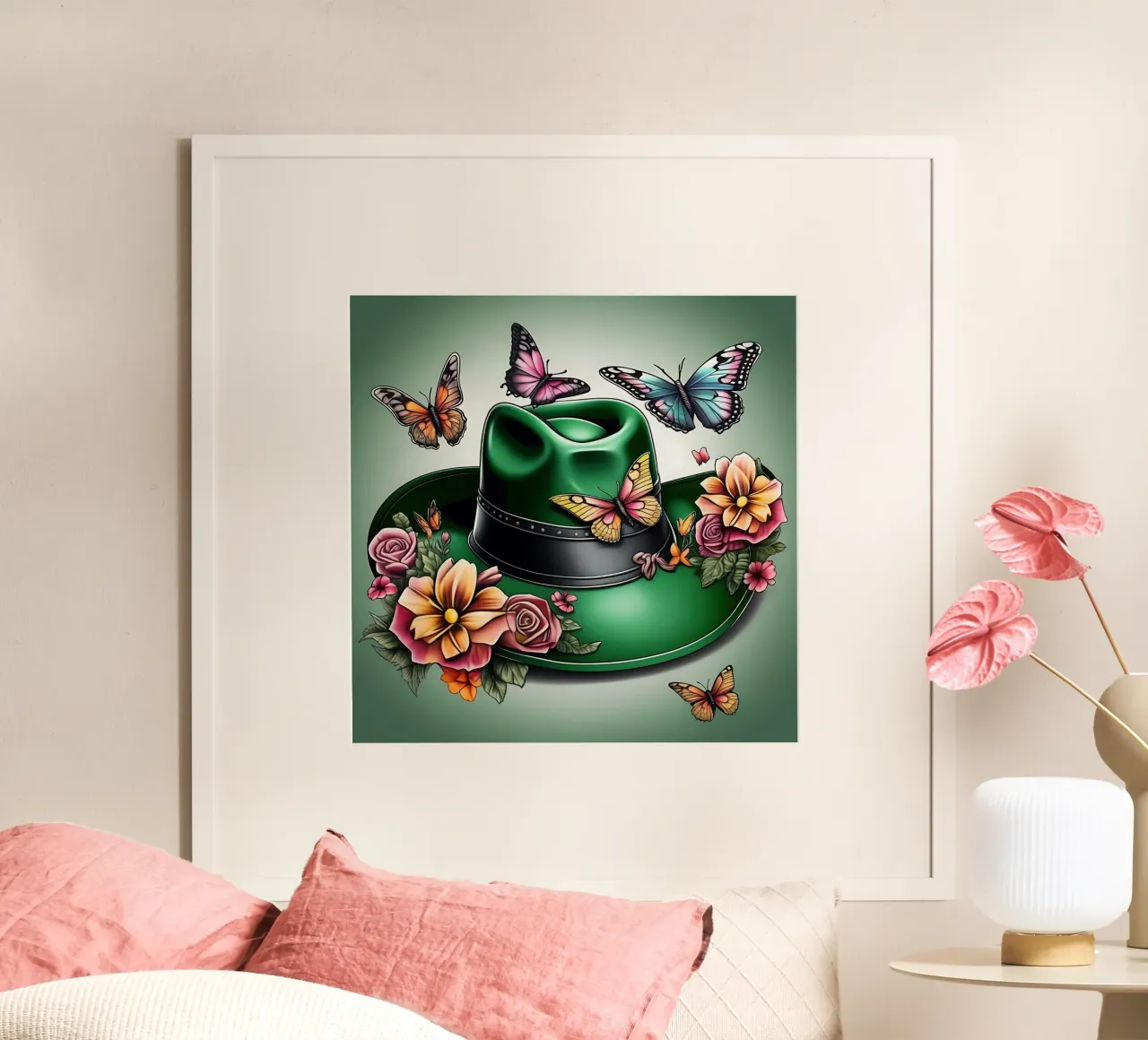Cappello da cowboy verde, con fiori e farfalle poster da Farb- und Blütenzauber by LK