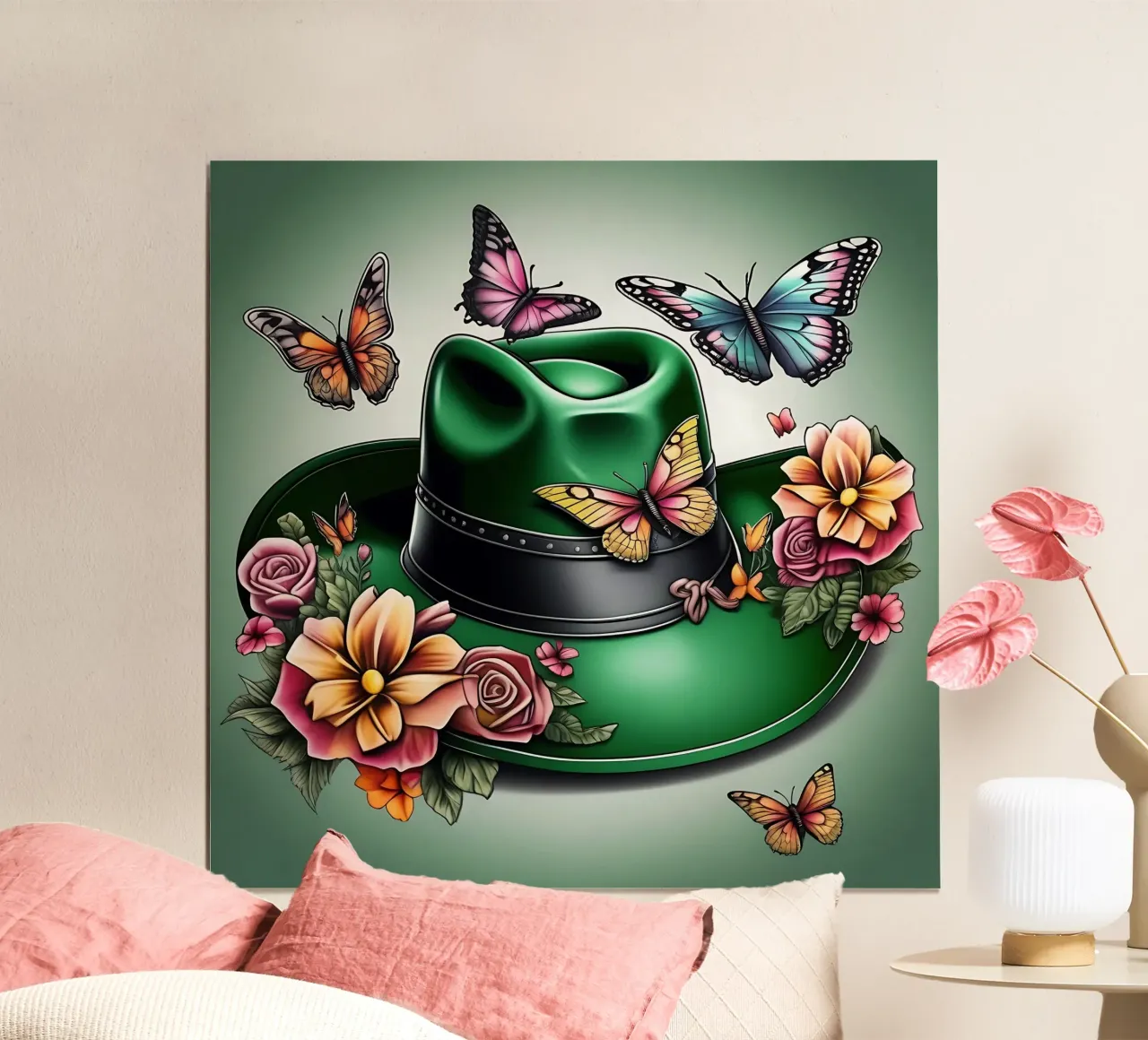 Cappello da cowboy verde, con fiori e farfalle poster da Farb- und Blütenzauber by LK