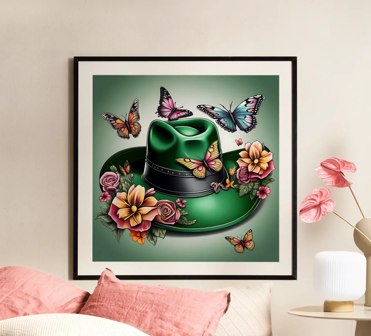 Cappello da cowboy verde, con fiori e farfalle poster da Farb- und Blütenzauber by LK