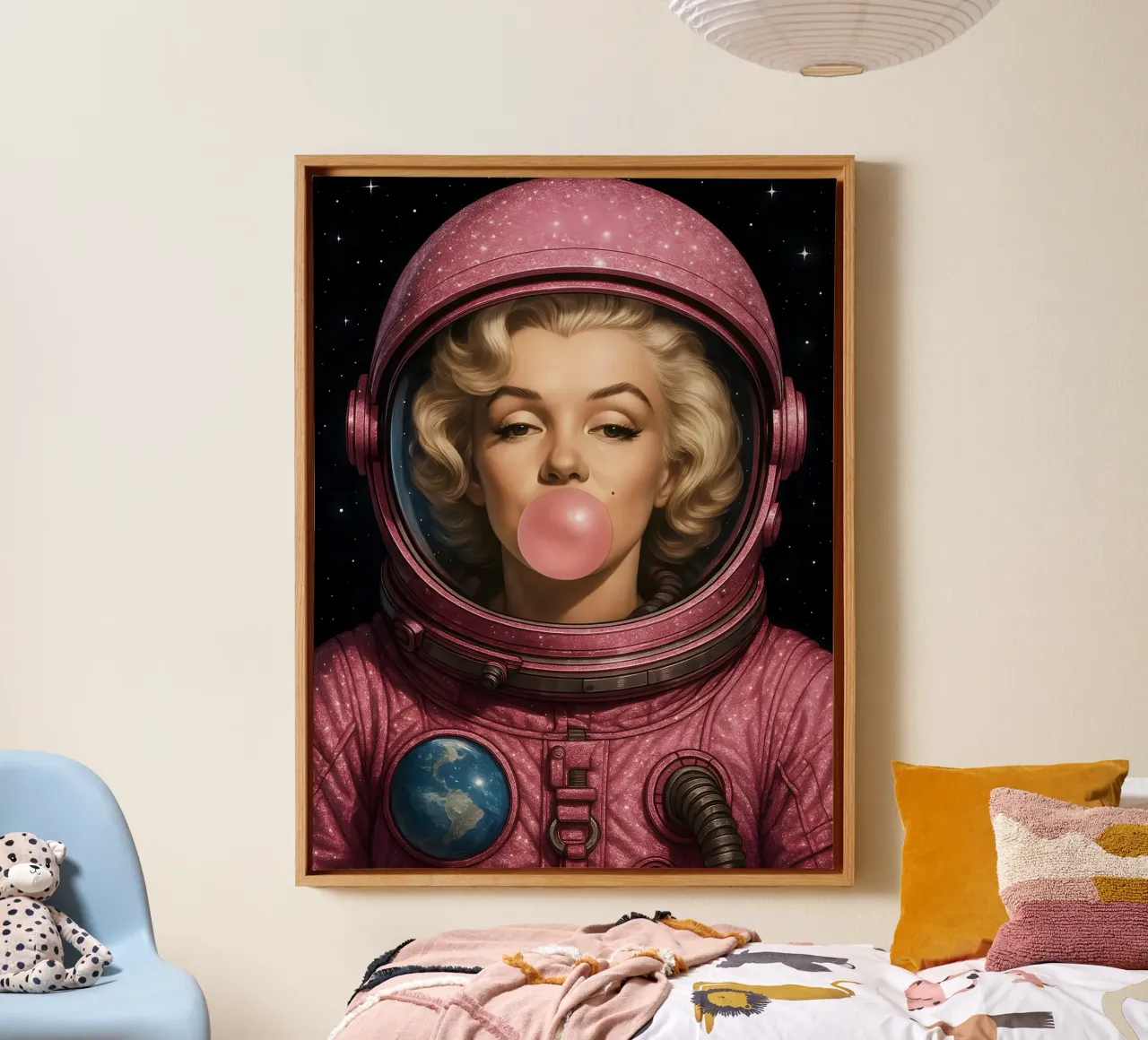 Astronauta spaziale con gomma da masticare Marilyn Monroe tela con Cornice a cassetta da ARTOMATIC