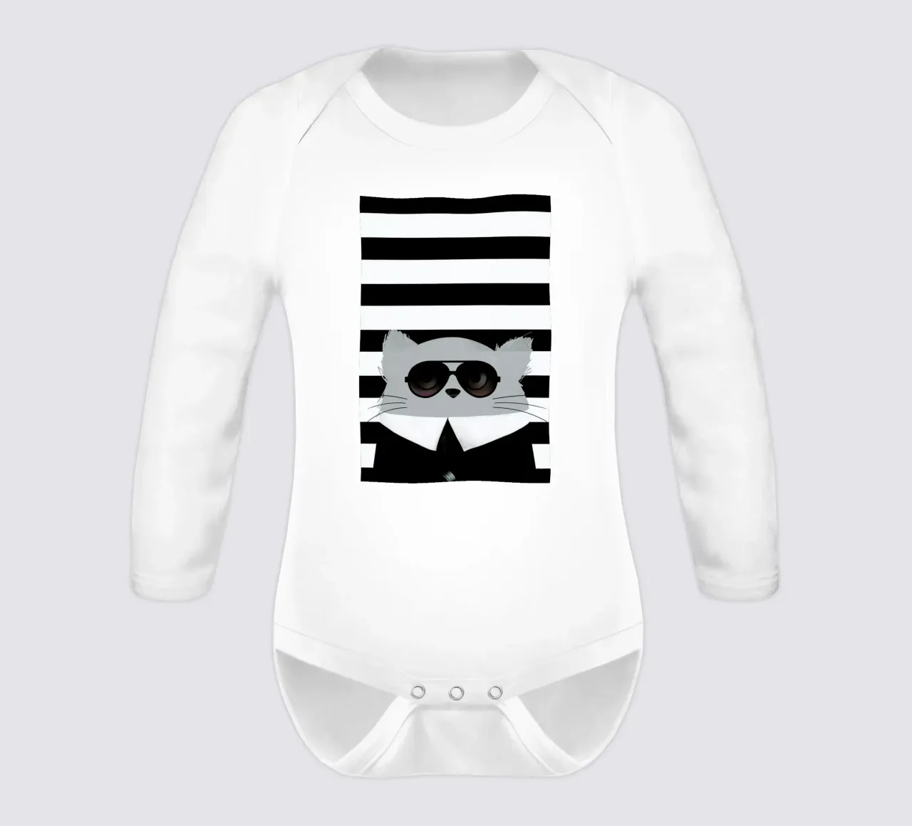 Cat Karl long-sleeve baby romper by Doozal