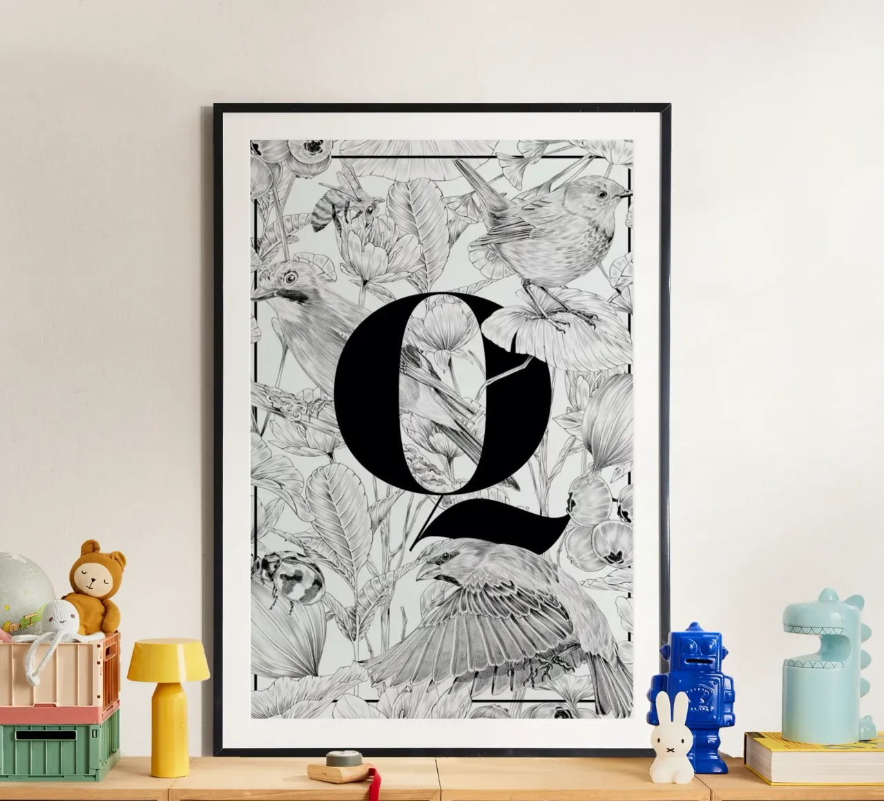 Floral Alphabet Q poster con telaio in alluminio da Faunesque