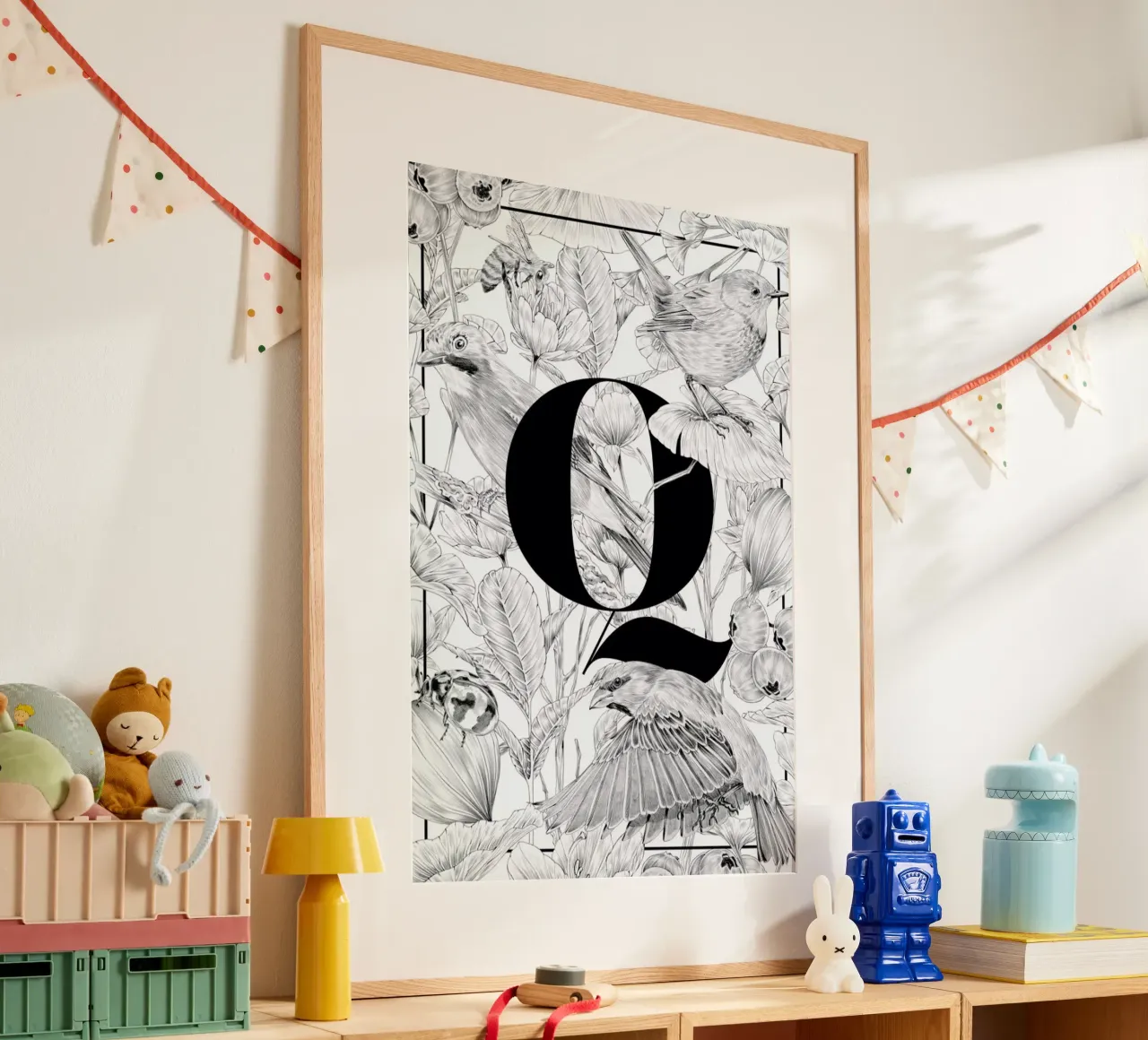 Floral Alphabet Q poster con telaio in alluminio da Faunesque