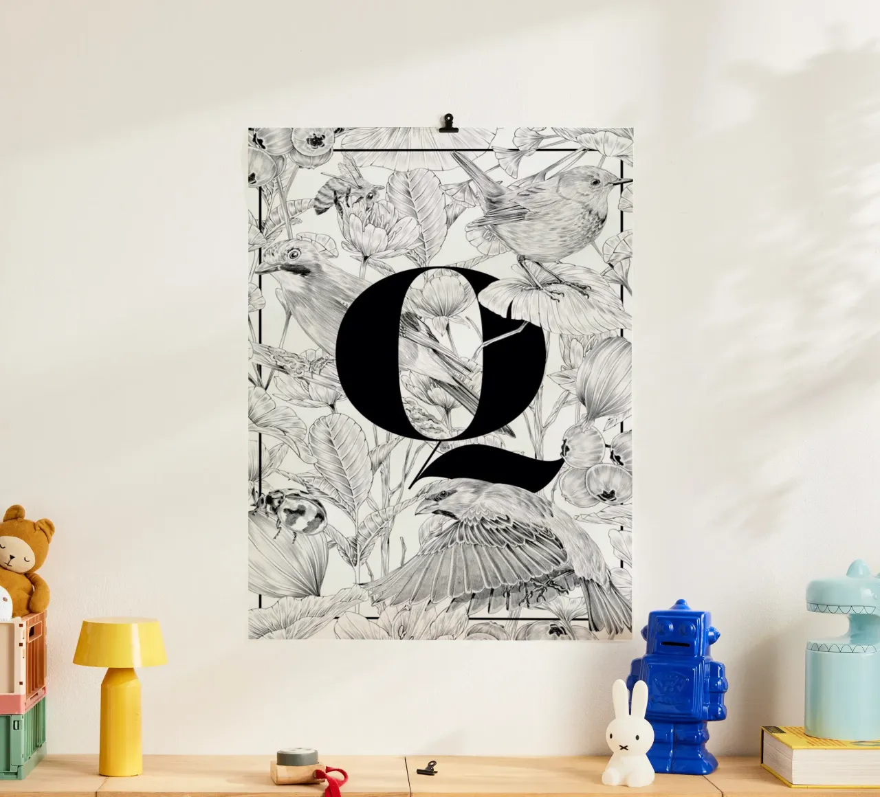 Floral Alphabet Q poster con telaio in alluminio da Faunesque