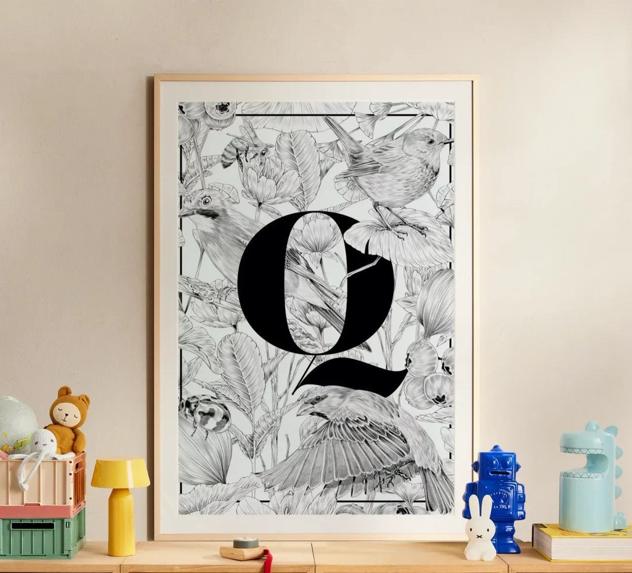 Floral Alphabet Q poster con telaio in alluminio da Faunesque