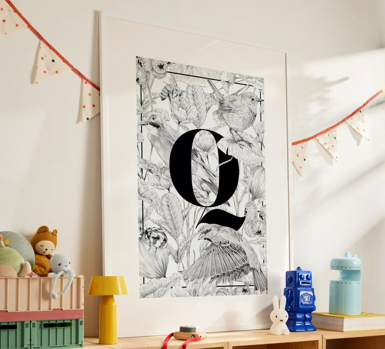Floral Alphabet Q poster con telaio in alluminio da Faunesque