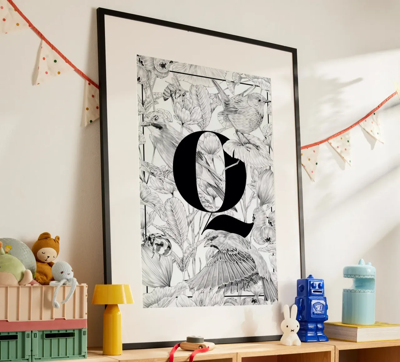 Floral Alphabet Q poster con telaio in alluminio da Faunesque