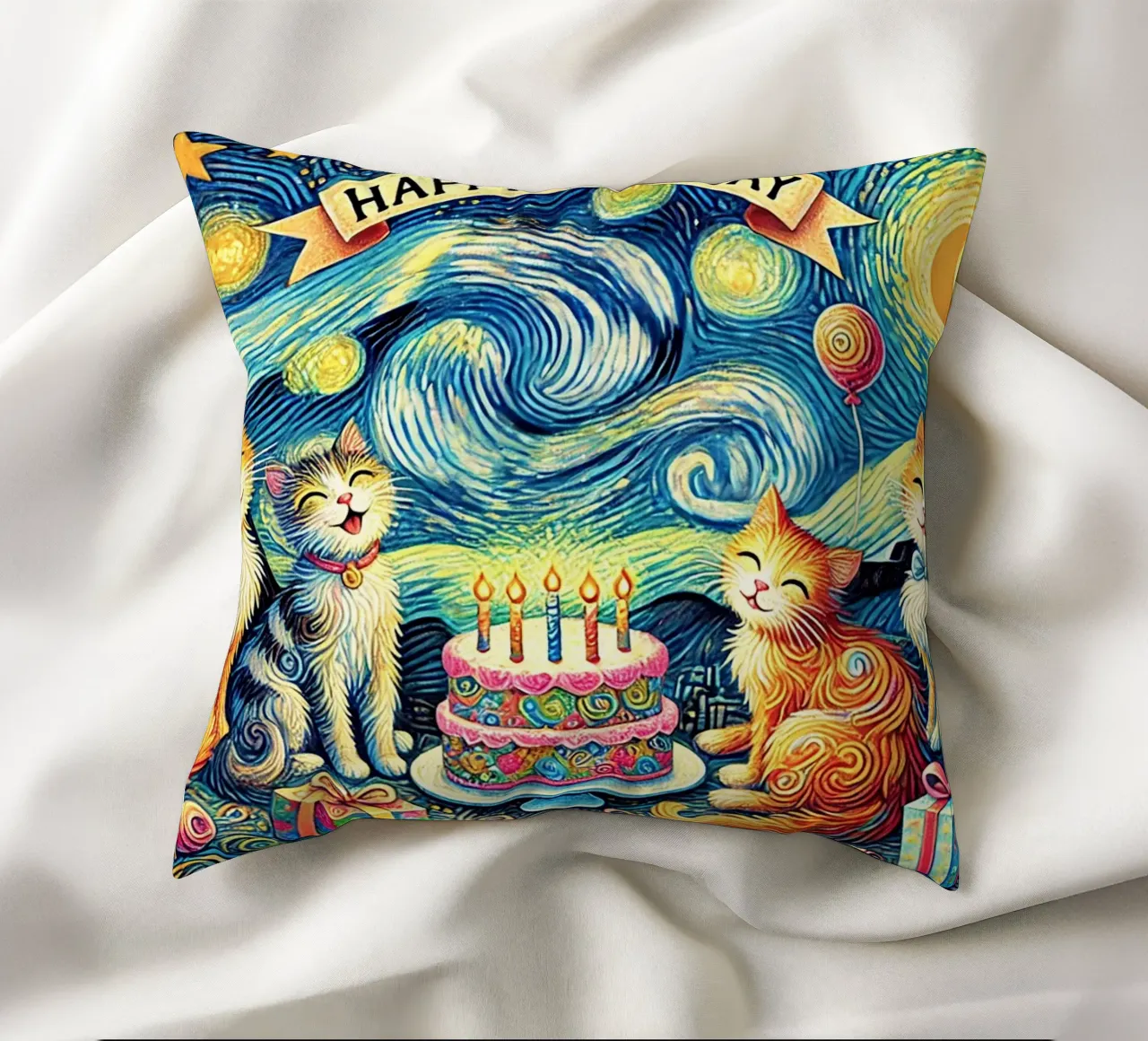 Happy Birthday Kitty Cat Edition cuscino da Vintage Van Gogh