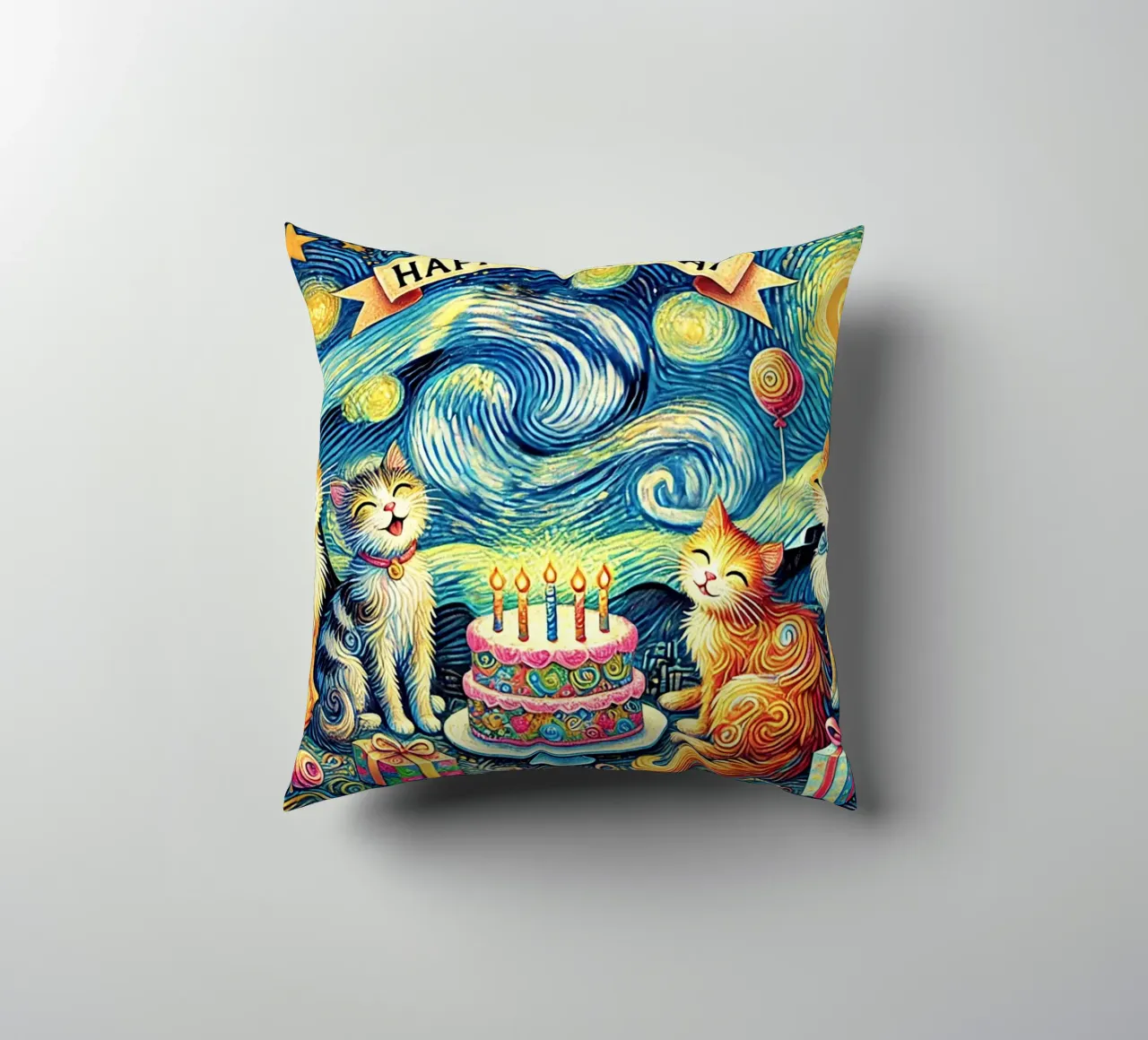Happy Birthday Kitty Cat Edition cuscino da Vintage Van Gogh
