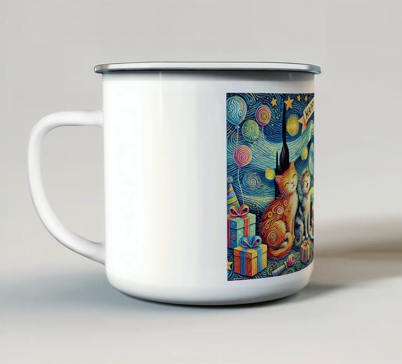 Happy Birthday Kitty Cat Edition tazza in smalto da Vintage Van Gogh