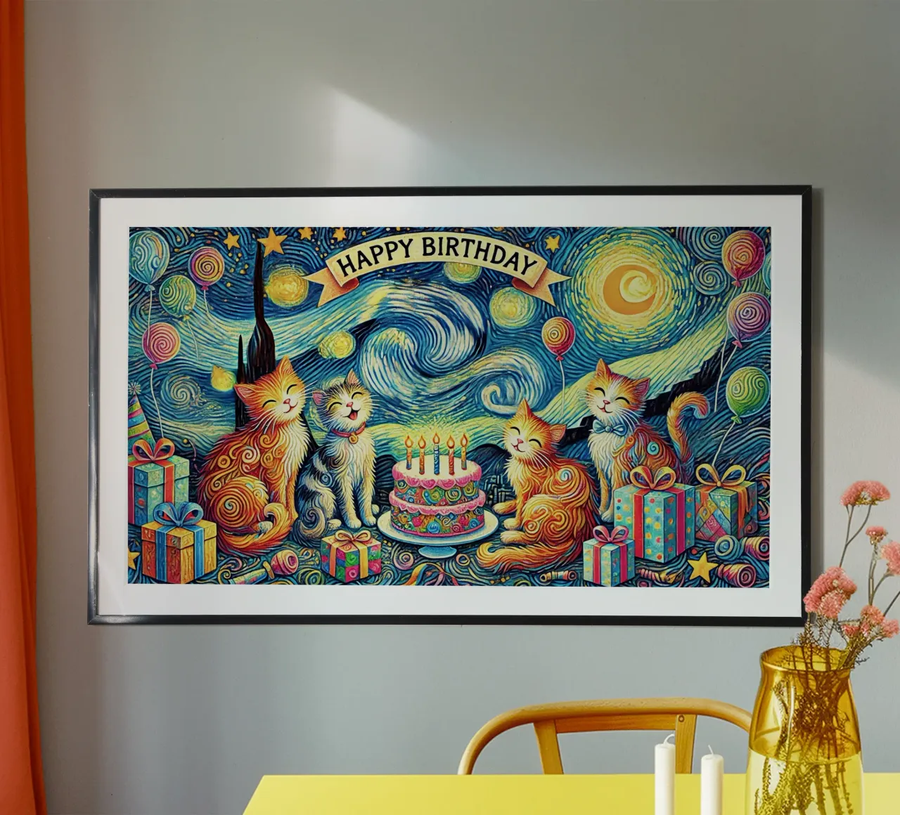 Happy Birthday Kitty Cat Edition poster con telaio in plastica da Vintage Van Gogh