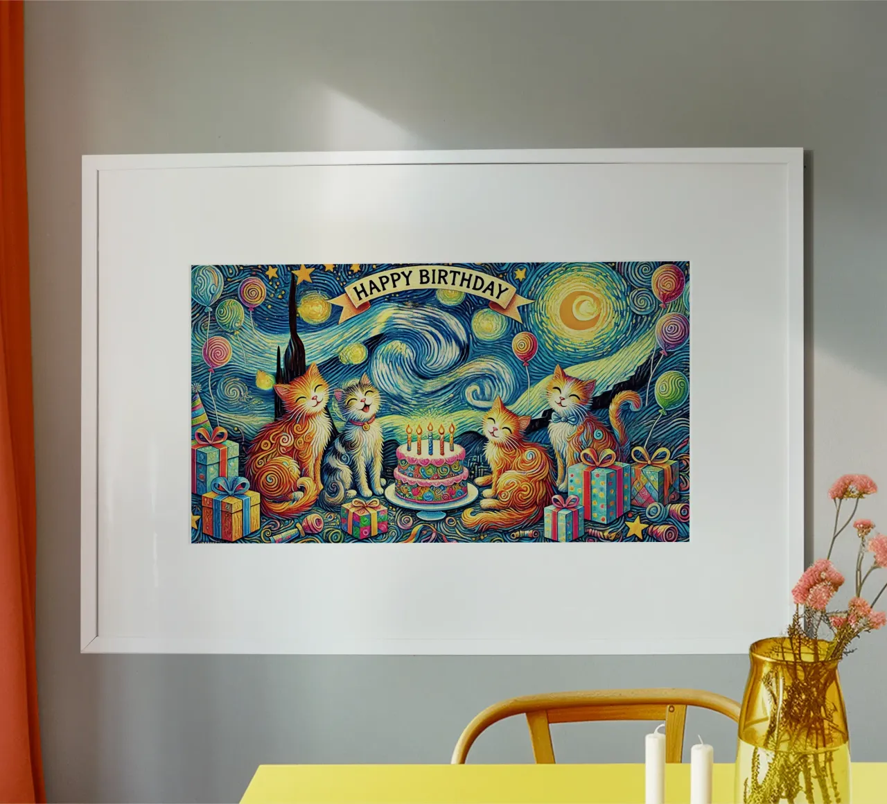Happy Birthday Kitty Cat Edition poster con telaio in plastica da Vintage Van Gogh