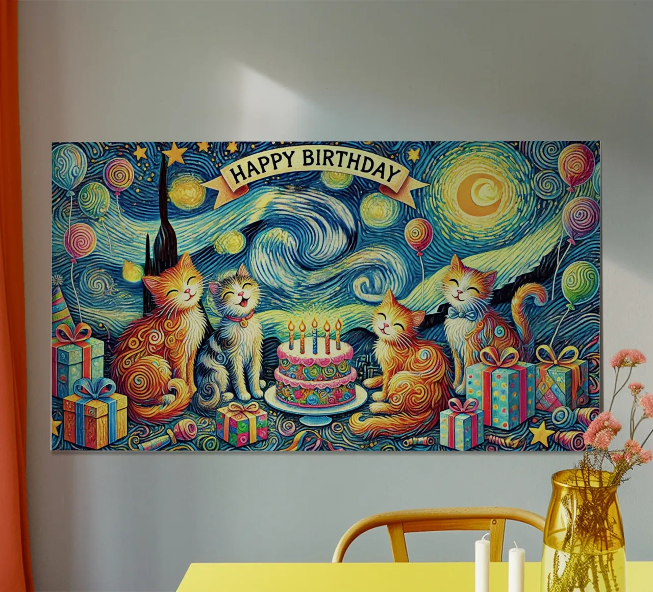 Happy Birthday Kitty Cat Edition poster con telaio in plastica da Vintage Van Gogh