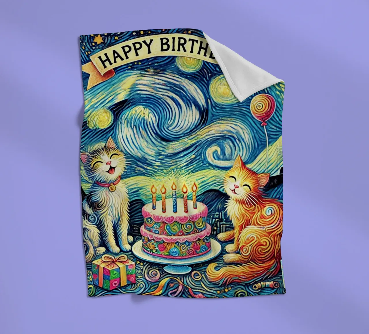 Happy Birthday Kitty Cat Edition fleece blanket by Vintage Van Gogh