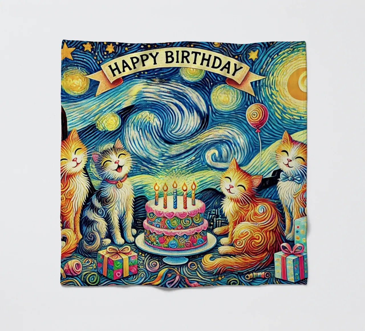 Happy Birthday Kitty Cat Edition fleece blanket by Vintage Van Gogh