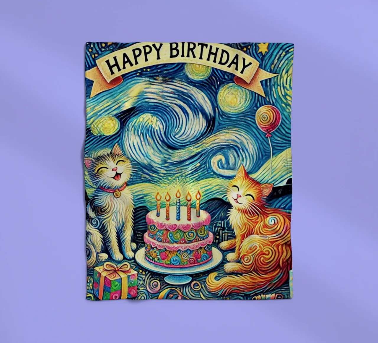 Happy Birthday Kitty Cat Edition fleece blanket by Vintage Van Gogh