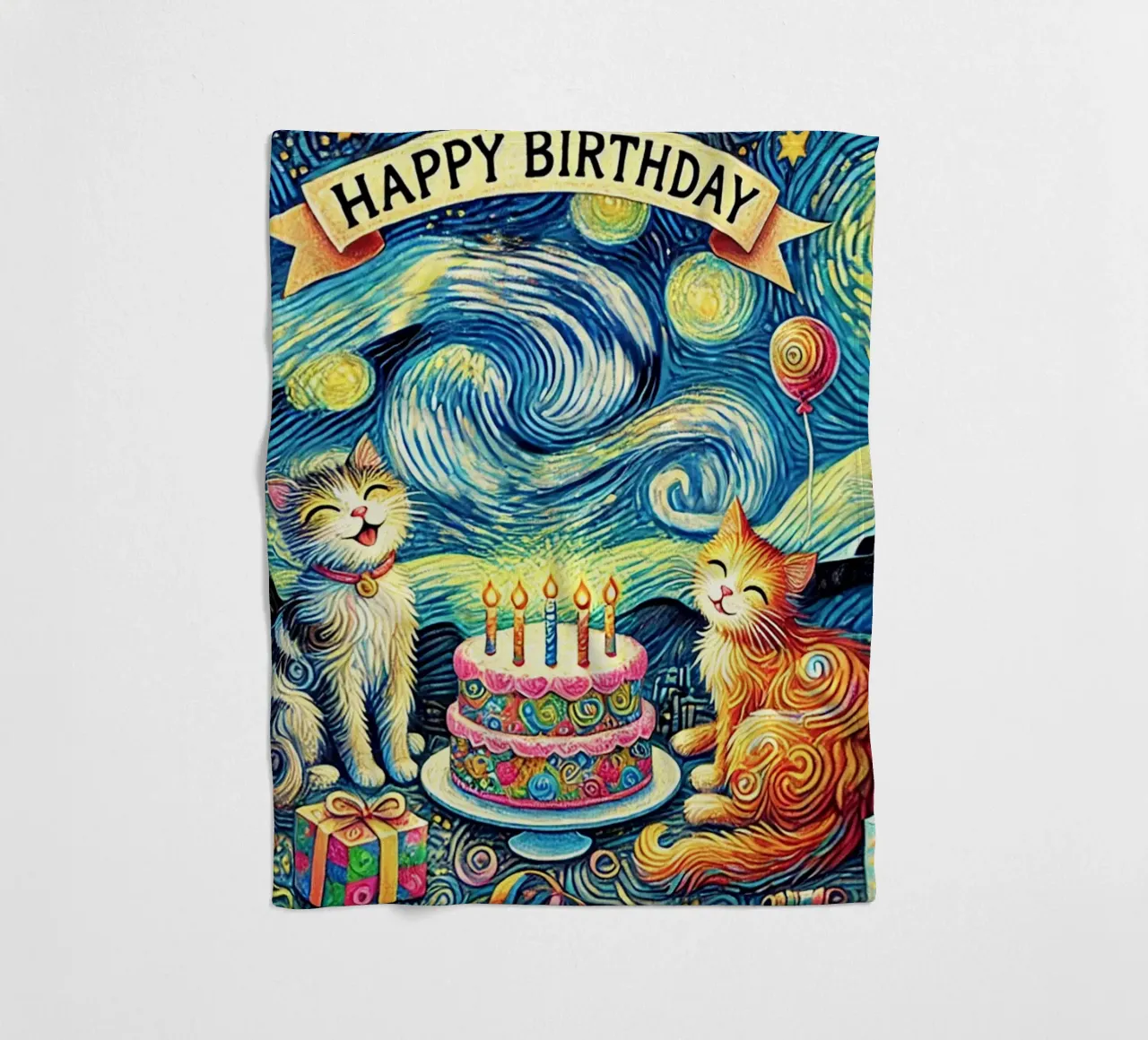 Happy Birthday Kitty Cat Edition fleece blanket by Vintage Van Gogh