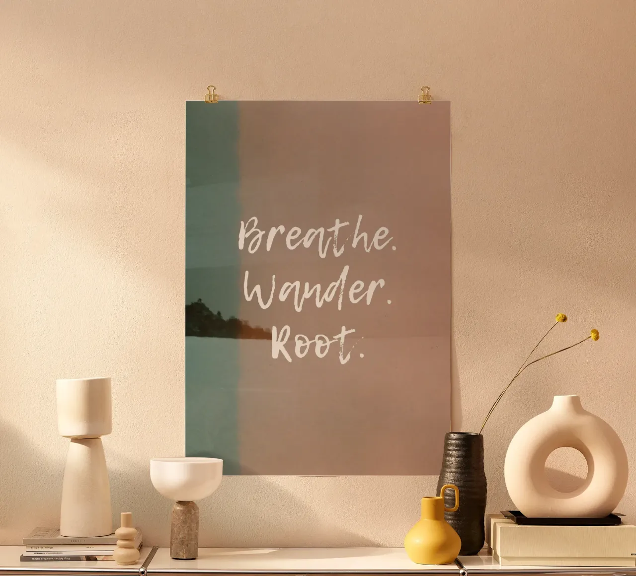 BREATHE. WANDER. ROOT poster con telaio in alluminio da Einfach Uebel