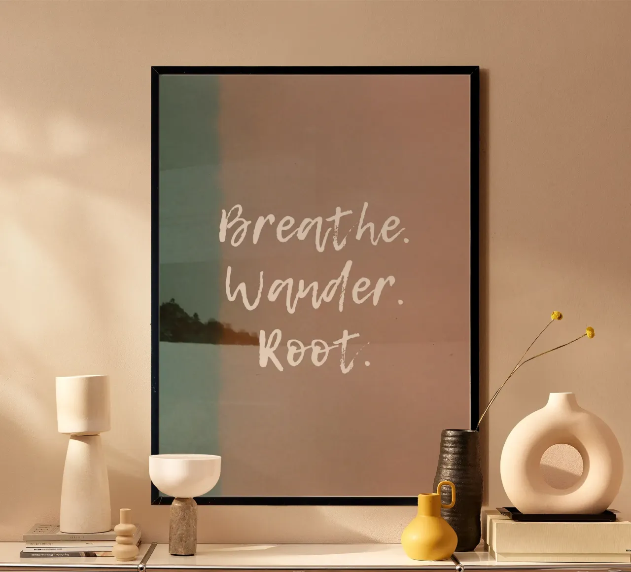 BREATHE. WANDER. ROOT poster con telaio in alluminio da Einfach Uebel