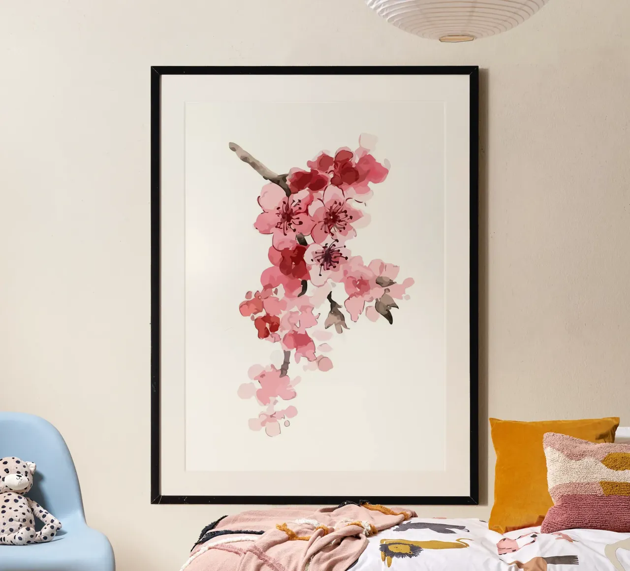 fiori di ciliegio ramo floreale petali rosa fioriture poster con telaio in plastica da Ashish Kashyap