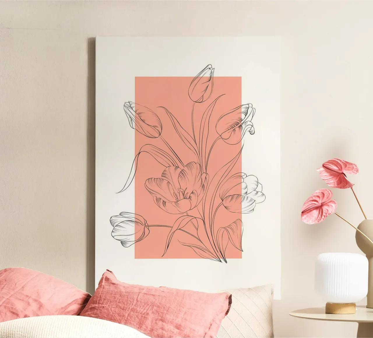 tulipano fiore botanico petali foglie stelo composizione floreale tela con Cornice a cassetta da Ashish Kashyap