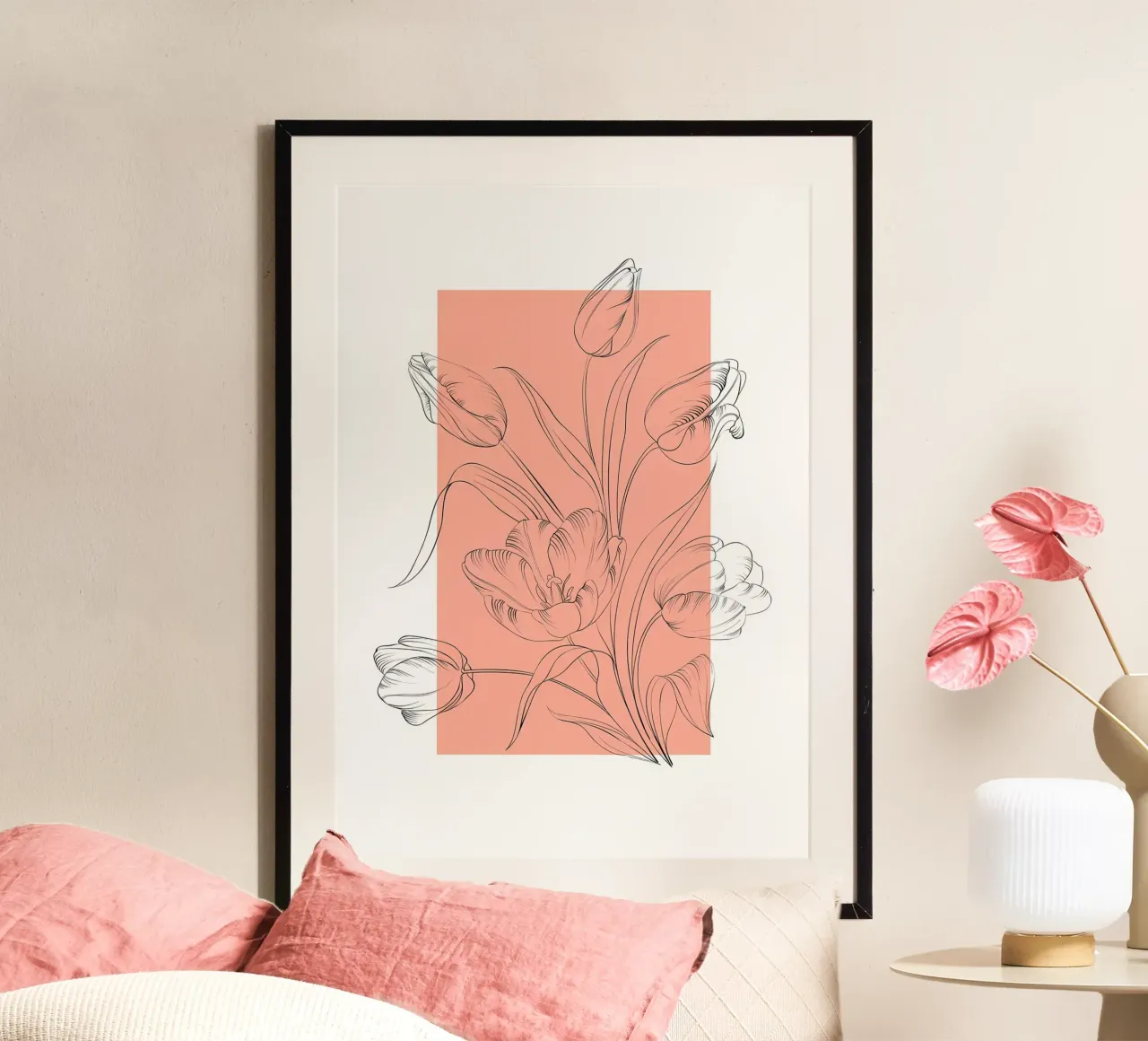 tulipano fiore botanico petali foglie stelo composizione floreale poster con telaio in legno da Ashish Kashyap