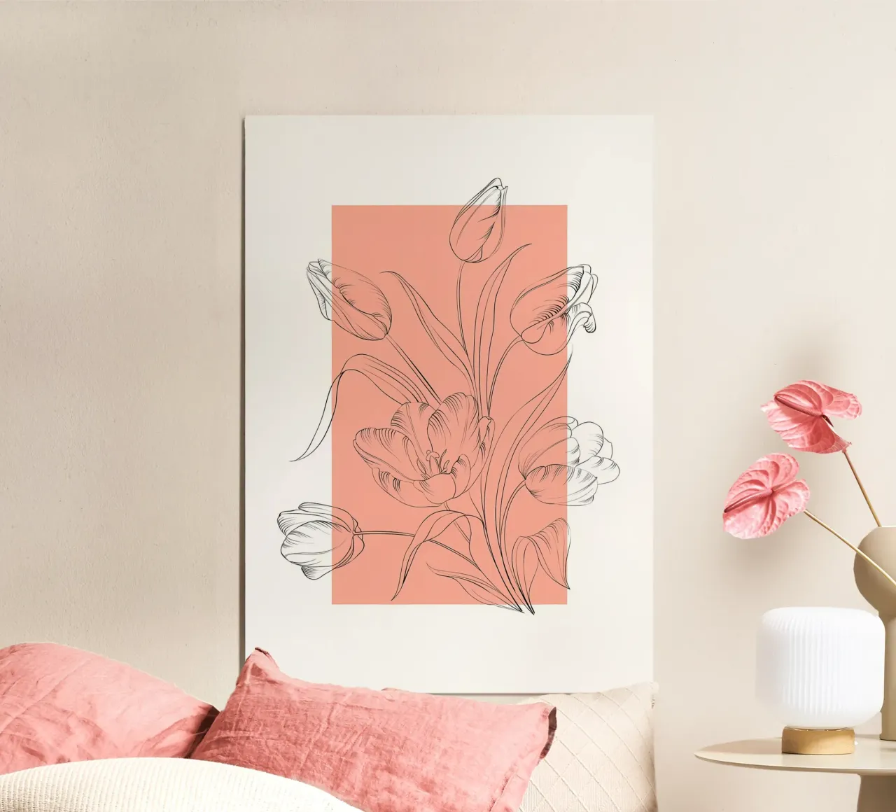 tulipano fiore botanico petali foglie stelo composizione floreale poster con telaio in legno da Ashish Kashyap