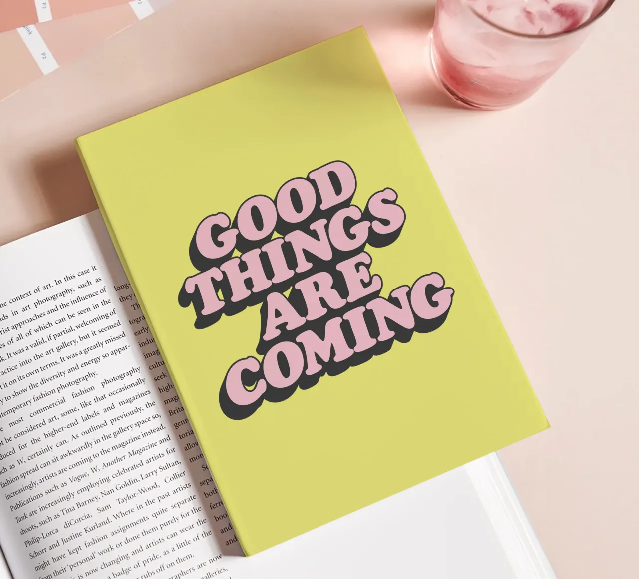 Good Things Are Coming Typography Print in Pink Yellow Black notebook by THE MOTIVATED TYPE